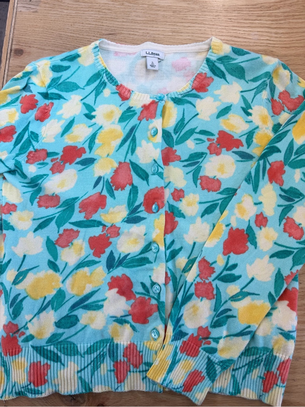 L.L. Bean Floral Crewneck Cardigan - Aqua with Yellow & Red Flowers